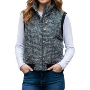 Walls Vintage Black White and Teal Tweed Wool Women’s Zip Up Vest - Size Large